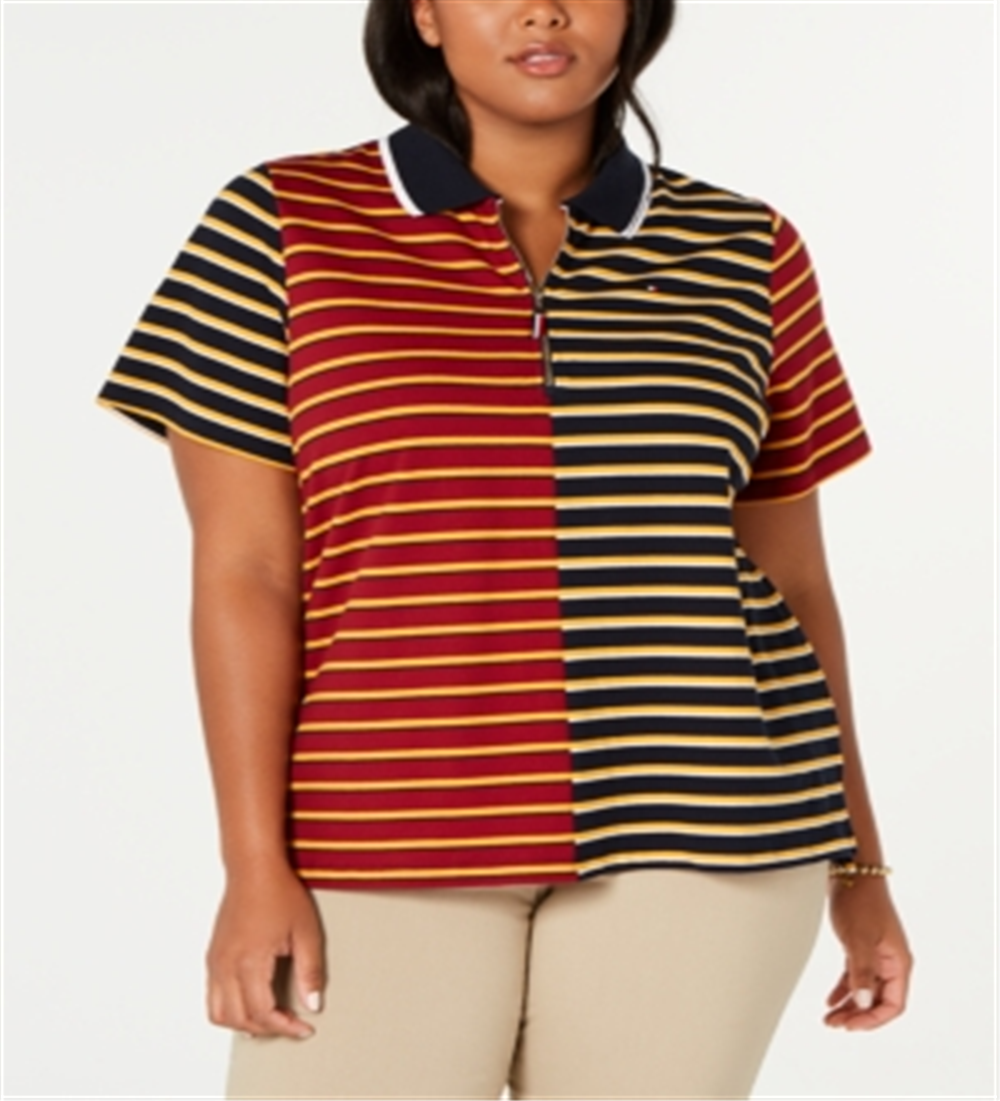 Camisa polo feminina Tommy Hilfiger Plus listrada em piquê com zíper, azul, tamanho 2X