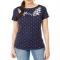 Karen Scott Blusa Feminina Estampada Bordada Gola Canoa Algodão Azul Tamanho Médio