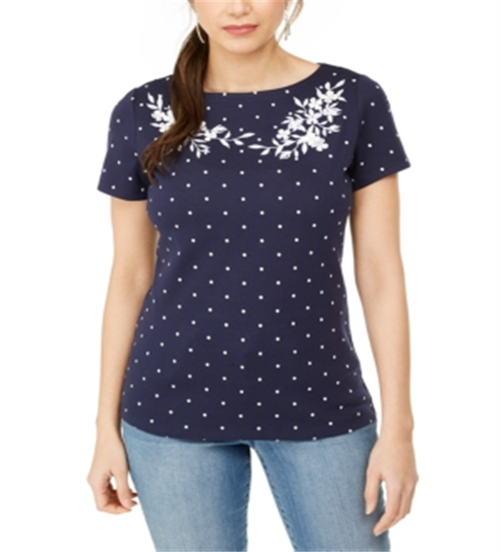 Karen Scott Blusa Feminina Estampada Bordada Gola Canoa Algodão Azul Tamanho Médio