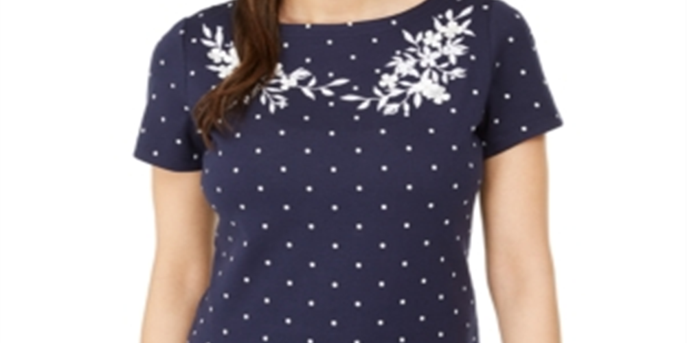 Karen Scott Blusa Feminina Estampada Bordada Gola Canoa Algodão Azul Tamanho Médio
