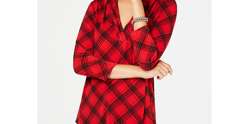 Top feminino Charter Club com decote em V e manga três quartos estampado, vermelho, tamanho XX-G