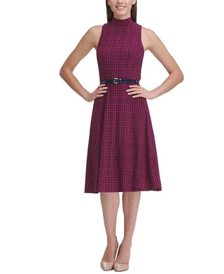 Vestido xadrez feminino Tommy Hilfiger com gola simulada, roxo, tamanho 2