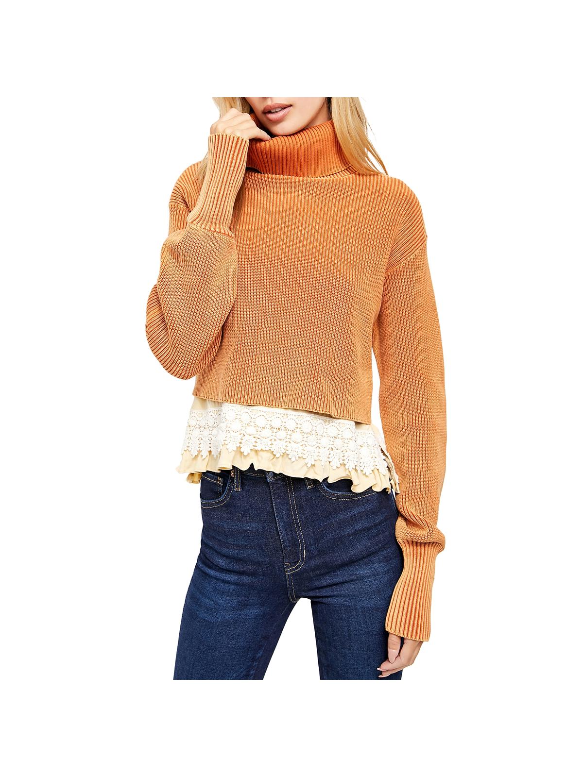 Suéter de malha com gola alta canelada Free People feminino At First Glance, laranja, tamanho grande