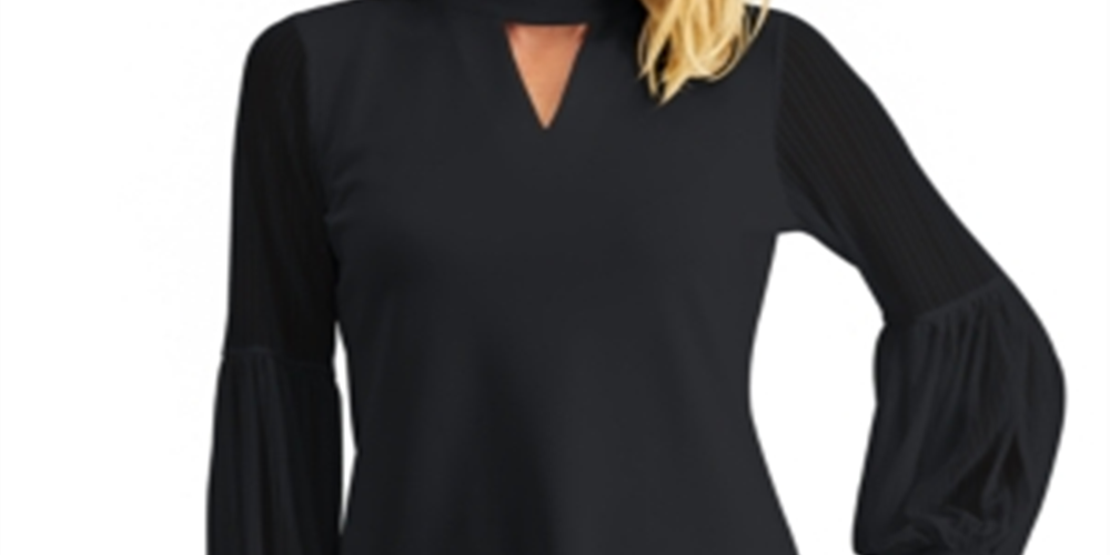 JM Collection Top feminino com manga transparente, preto, tamanho X-S