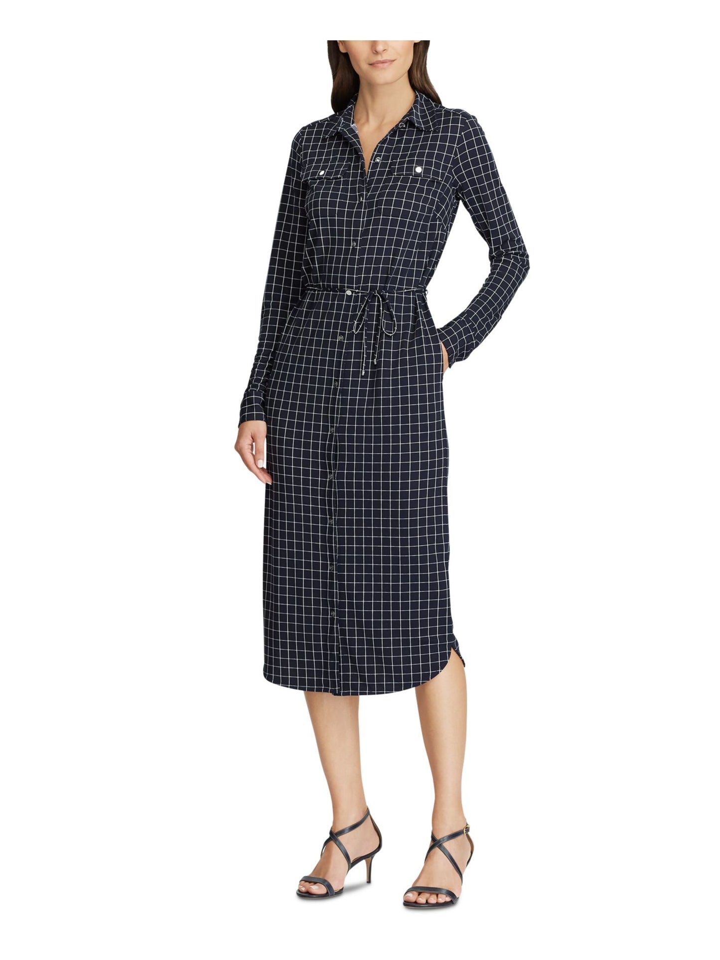 Vestido-camisa Ralph Lauren feminino xadrez, manga comprida, gola abaixo do joelho, azul, tamanho XS