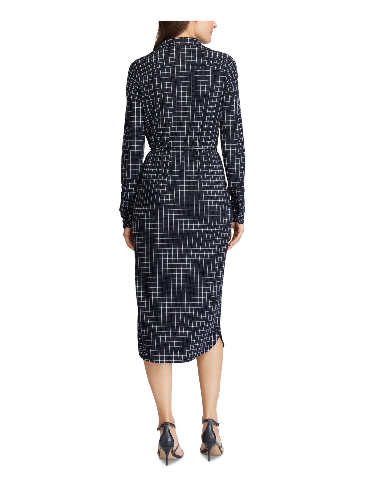Vestido-camisa Ralph Lauren feminino xadrez, manga comprida, gola abaixo do joelho, azul, tamanho XS