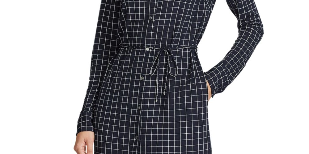 Vestido-camisa Ralph Lauren feminino xadrez, manga comprida, gola abaixo do joelho, azul, tamanho XS