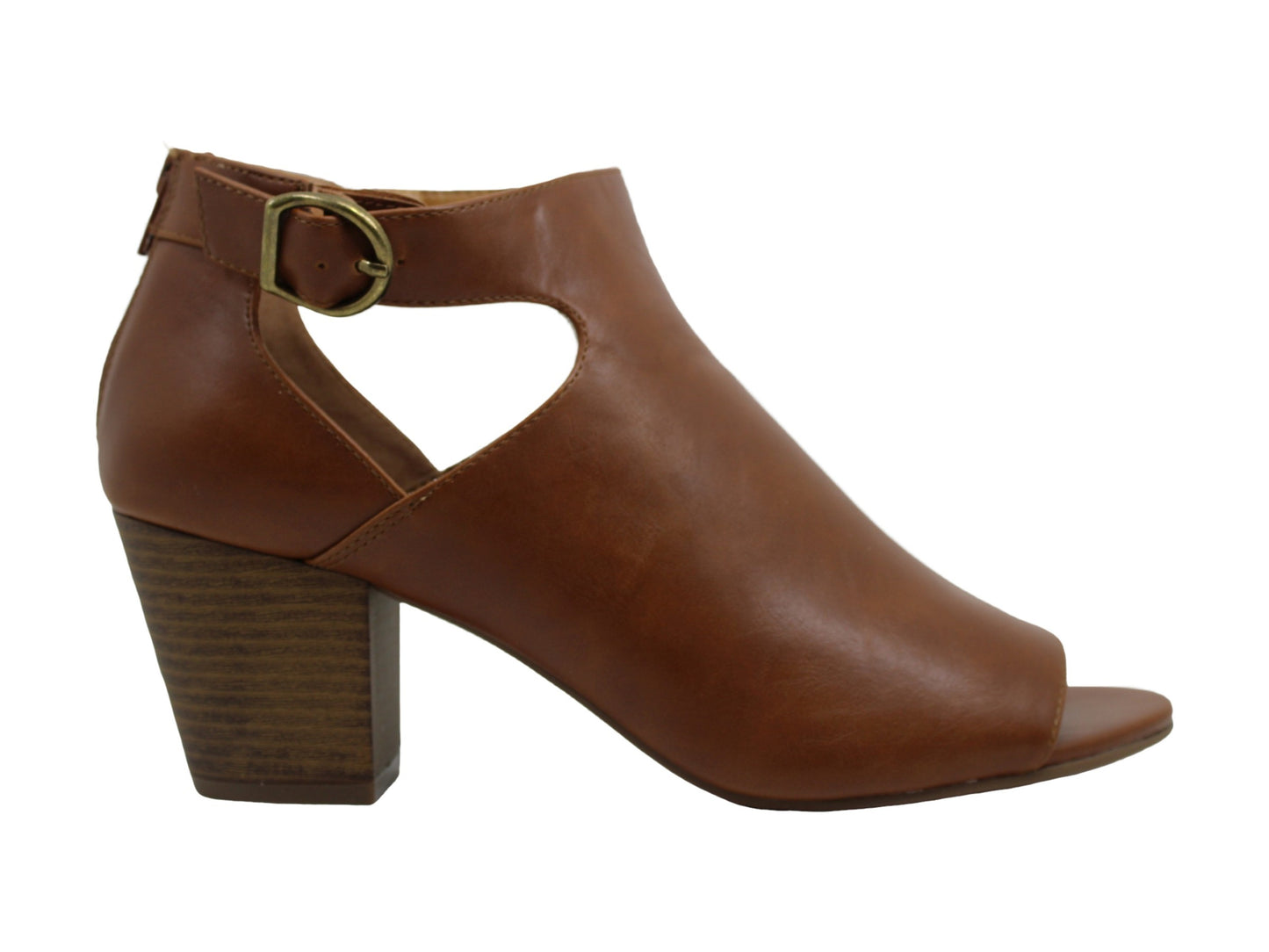 Sandálias femininas estilo &amp; co Kennaa de couro peep toe casuais com tira no tornozelo marrom tamanho 9,5 m
