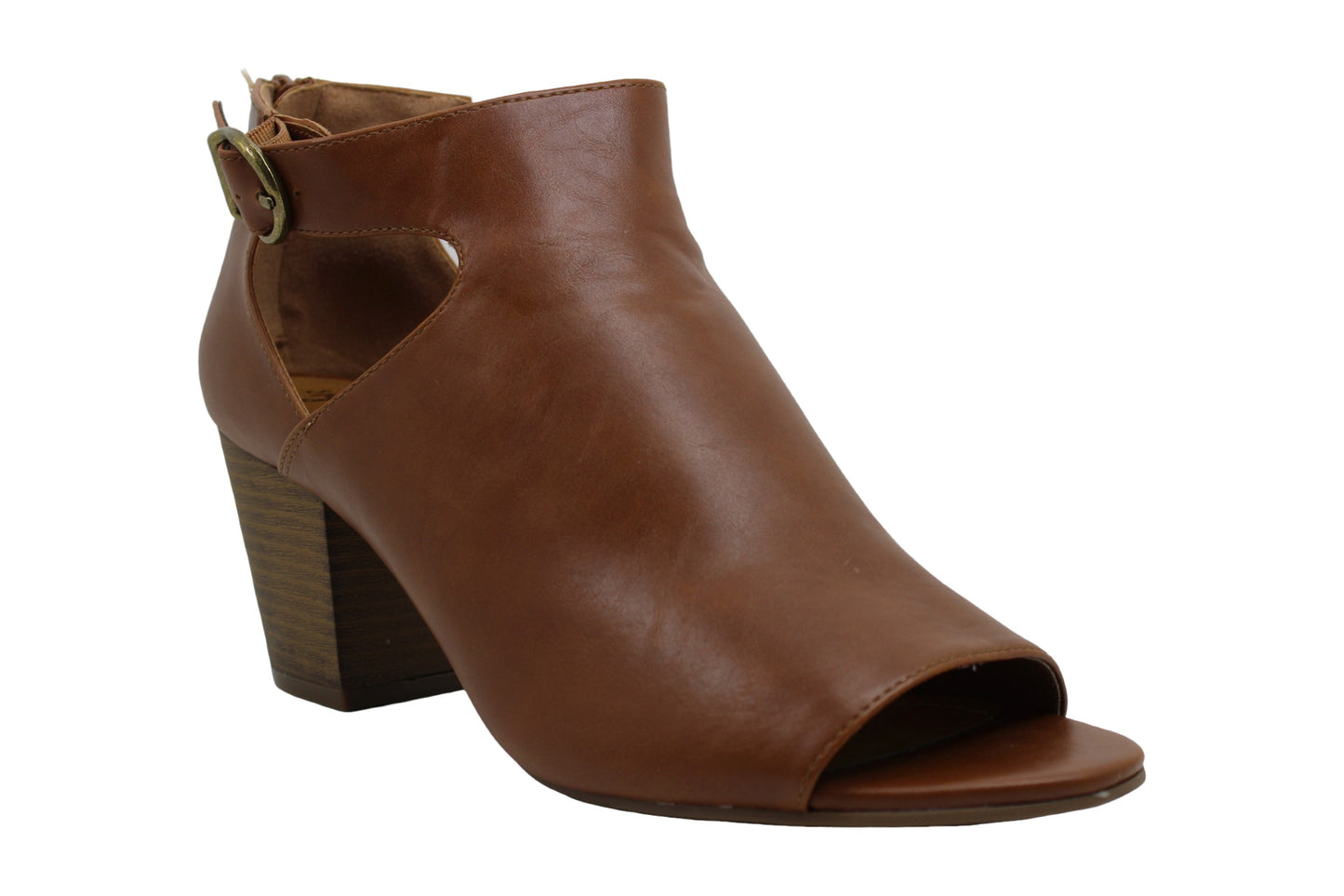 Sandálias femininas estilo &amp; co Kennaa de couro peep toe casuais com tira no tornozelo marrom tamanho 9,5 m