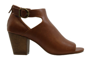 Sandálias femininas estilo &amp; co Kennaa de couro peep toe casuais com tira no tornozelo marrom tamanho 9,5 m