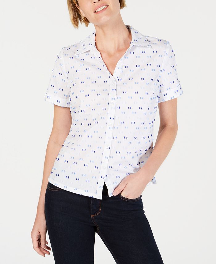 Camisa feminina Karen Scott com aba e bolinhas, branca, tamanho M