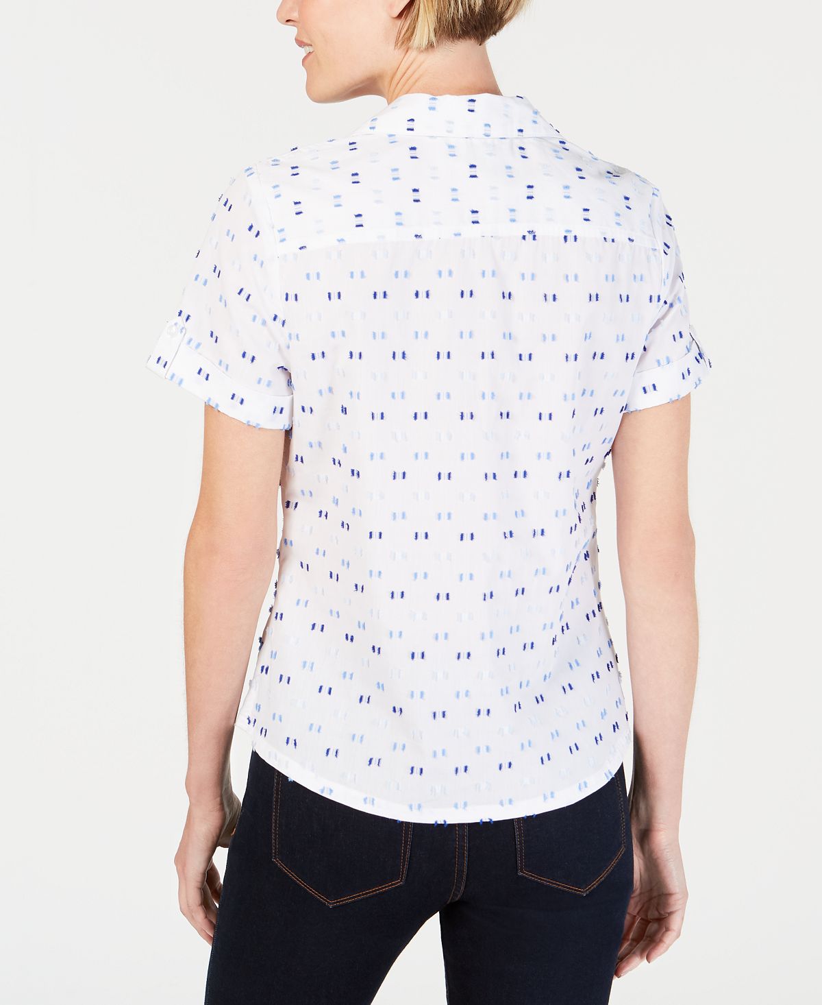 Camisa feminina Karen Scott com aba e bolinhas, branca, tamanho M