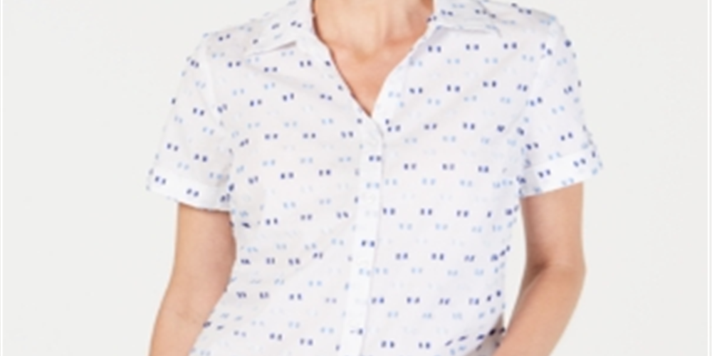 Camisa feminina Karen Scott com aba e bolinhas, branca, tamanho M
