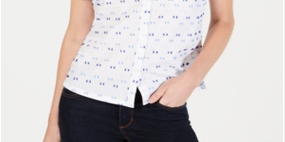Camisa feminina Karen Scott com aba e bolinhas, branca, tamanho M