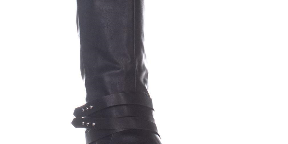 Botas femininas Damien de couro sintético com tachas até o joelho, tamanho 6,5 M, pretas