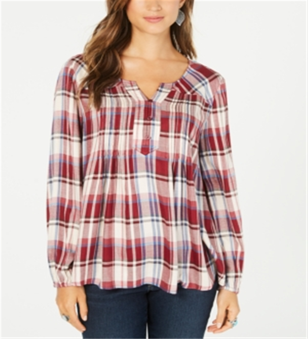 Blusa xadrez feminina estilo &amp; co com decote aberto, vermelha, tamanho grande