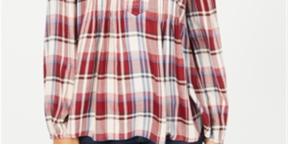 Blusa xadrez feminina estilo &amp; co com decote aberto, vermelha, tamanho grande