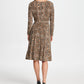 Vestido de festa feminino DKNY com zíper e estampa animal, manga comprida, decote em V abaixo do joelho, bege, tamanho 14
