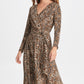 Vestido de festa feminino DKNY com zíper e estampa animal, manga comprida, decote em V abaixo do joelho, bege, tamanho 14