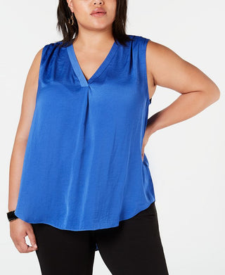 Blusa feminina Alfani sem mangas com decote em V Hi Lo Plus Azul Tamanho 0X