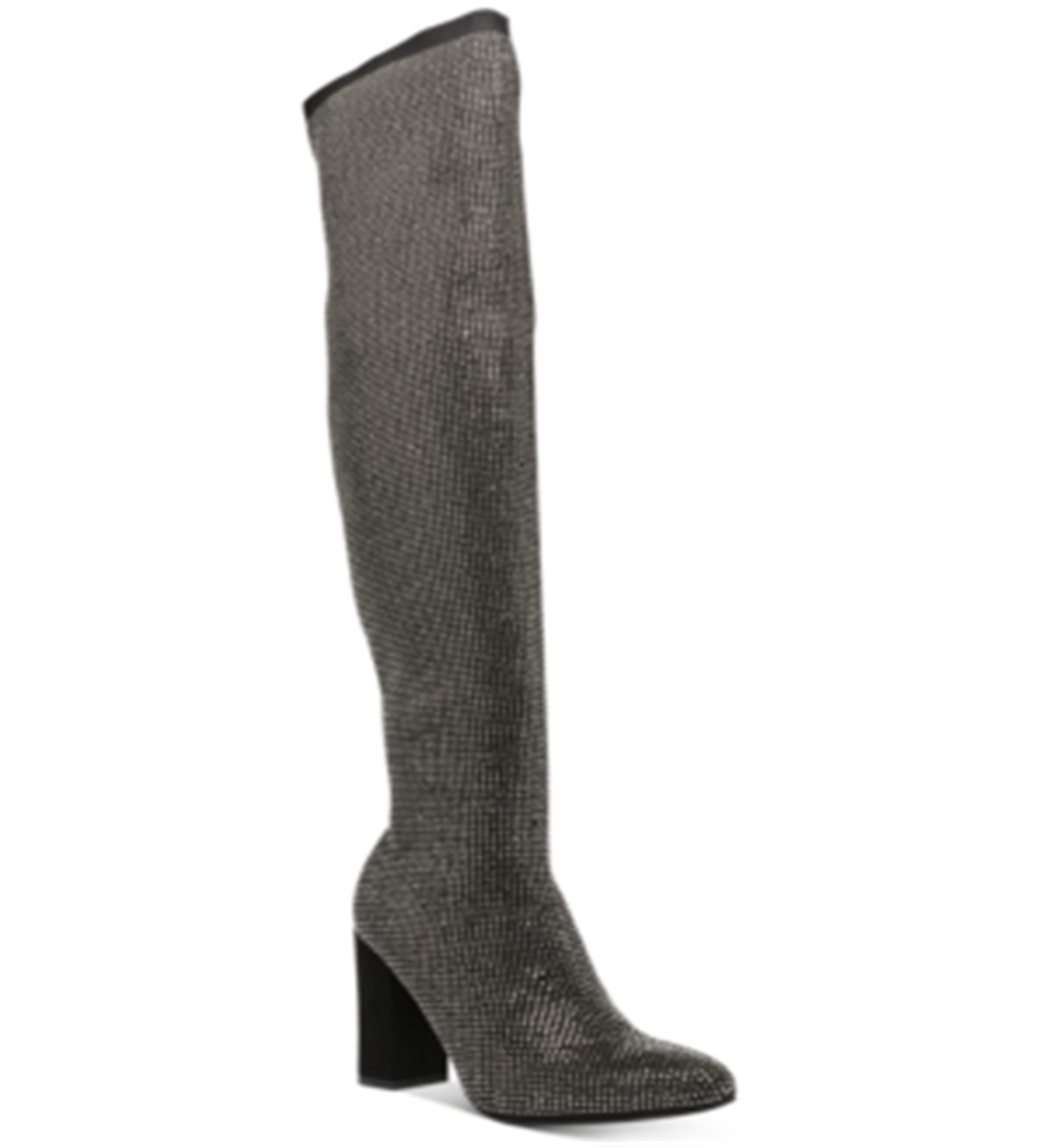 Botas sociais femininas Wild Pair com strass, acolchoadas, bico fino, salto bloco, zíper, tamanho 9,5 m, cinza