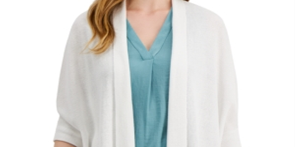 Cardigan feminino Alfani com manga 3/4 aberta, branco, tamanho extragrande