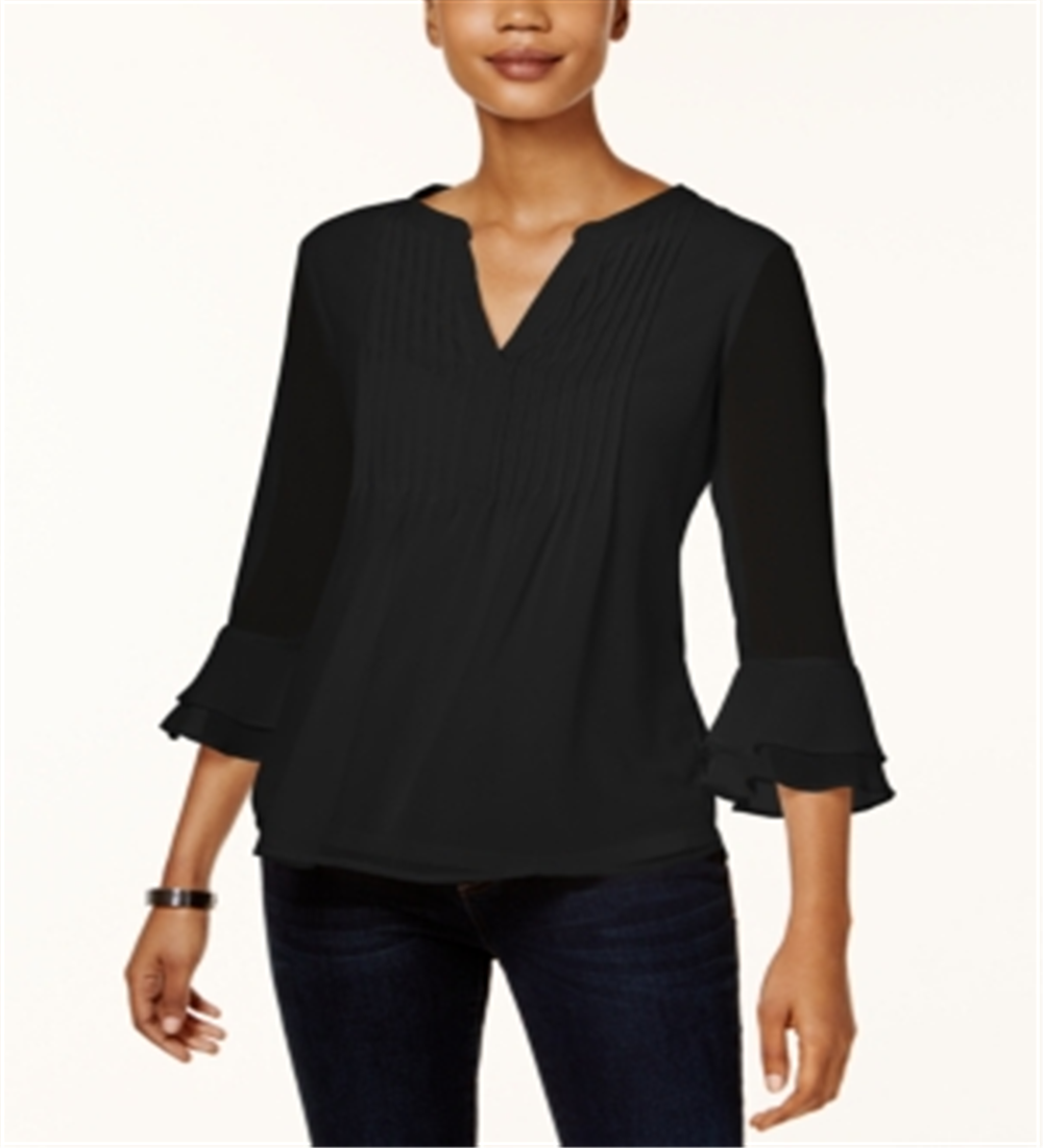 Charter Club Top Feminino com Babados Duplos e Estampa Pintuck, Preto, Tamanho Pequeno P