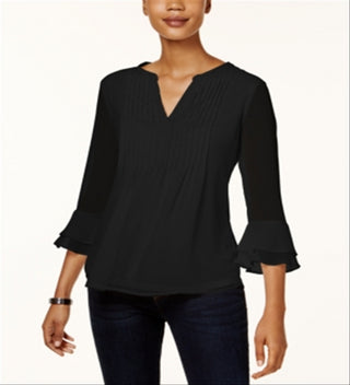 Charter Club Top Feminino com Babados Duplos e Estampa Pintuck, Preto, Tamanho Pequeno P