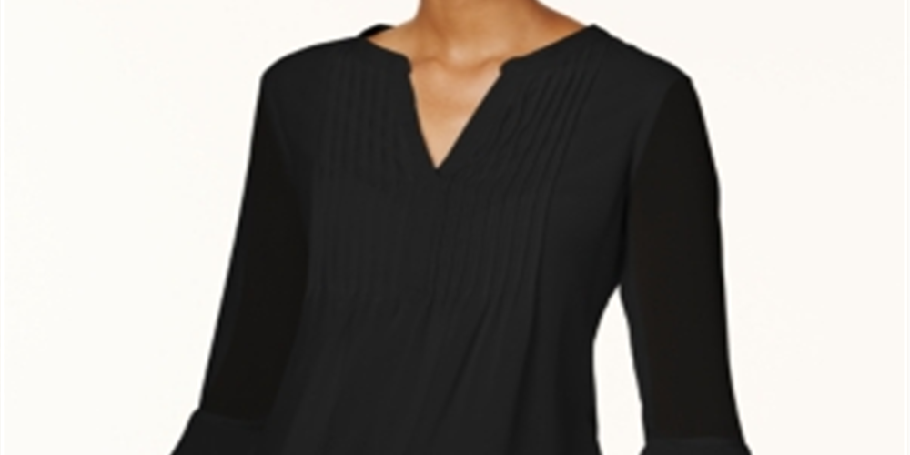 Charter Club Top Feminino com Babados Duplos e Estampa Pintuck, Preto, Tamanho Pequeno P