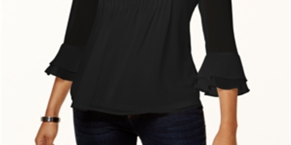 Charter Club Top Feminino com Babados Duplos e Estampa Pintuck, Preto, Tamanho Pequeno P