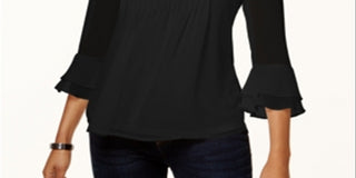 Charter Club Top Feminino com Babados Duplos e Estampa Pintuck, Preto, Tamanho Pequeno P