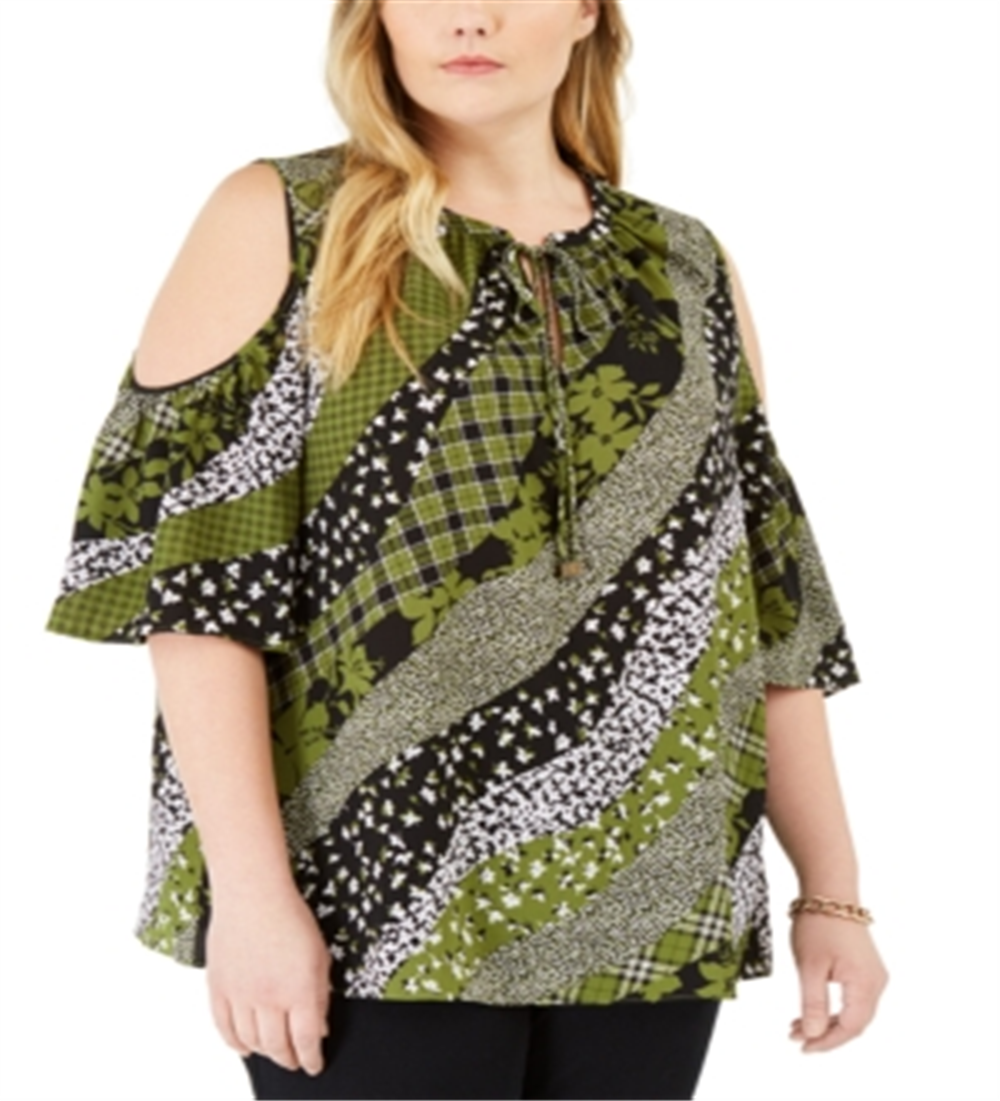 Blusa feminina Michael Kors Plus com estampa mista e ombro vazado, verde, tamanho 2X