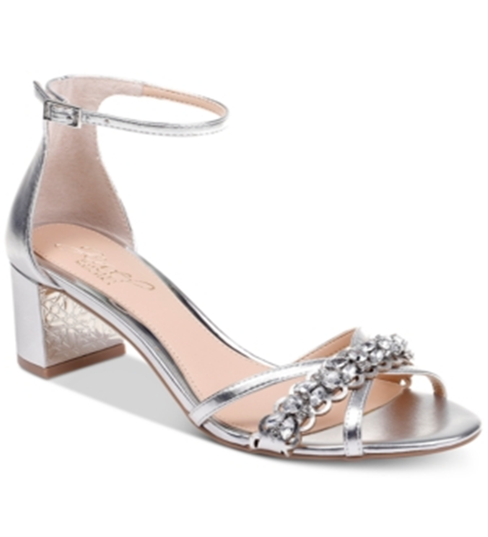 Sandália feminina Jewel Badgley Mischka com strass acolchoado Giona bico redondo salto bloco fivela prata tamanho 8,5