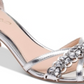 Sandália feminina Jewel Badgley Mischka com strass acolchoado Giona bico redondo salto bloco fivela prata tamanho 8,5