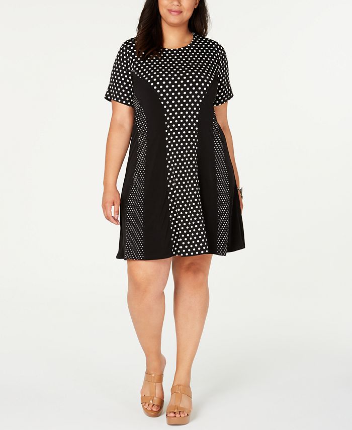 Vestido feminino Michael Kors Plus Size com estampa de bolinhas, elástico, ajuste evasê, preto, tamanho 1X