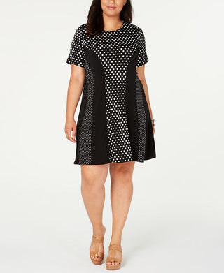 Vestido feminino Michael Kors Plus Size com estampa de bolinhas, elástico, ajuste evasê, preto, tamanho 1X
