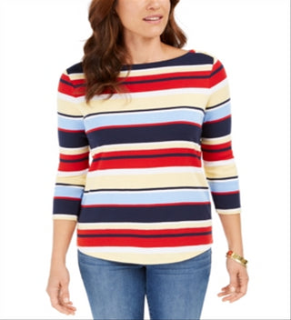 Charter Club Top feminino listrado de algodão Pima com botões e ombros de fora, vermelho, vários tamanhos, pequeno
