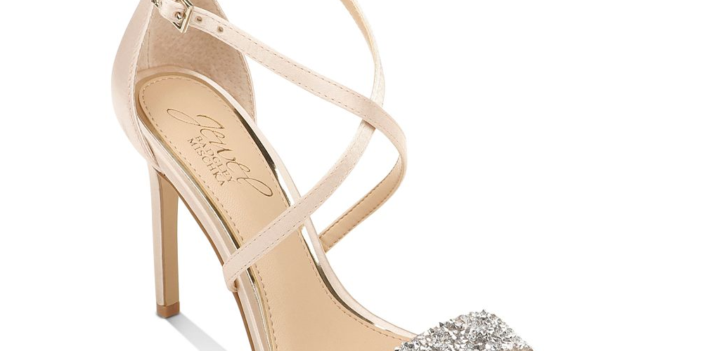 Sapatos femininos Jewel Badgley Mischka com tira no tornozelo e bico aberto, dourados, tamanho 9 M