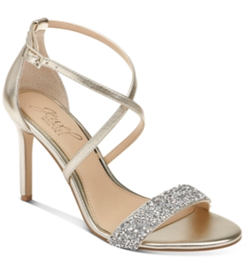 Sapatos femininos Jewel Badgley Mischka com tira no tornozelo e bico aberto, dourados, tamanho 9 M
