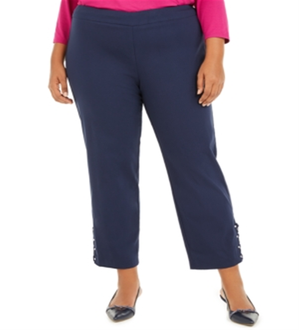 Calça feminina plus size com cadarço e fecho no tornozelo JM Collection, azul, tamanho 26W