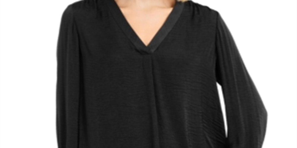 Blusa feminina Alfani com decote em V, preta, tamanho pequeno médio