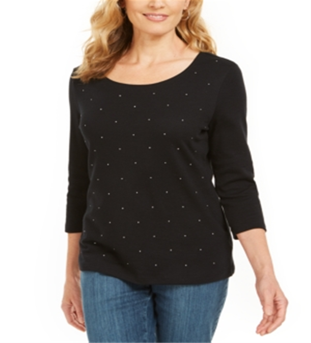 Karen Scott Top Feminino Manga 3/4 com Tachas Preto Tamanho P