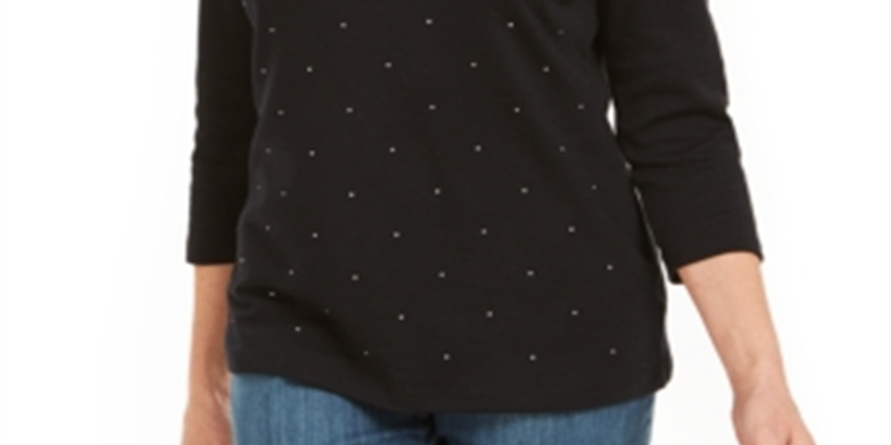 Karen Scott Top Feminino Manga 3/4 com Tachas Preto Tamanho P