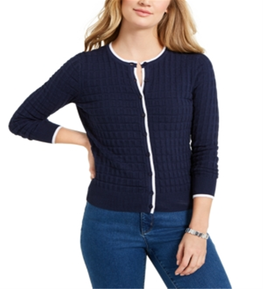 Cardigan texturizado feminino Charter Club com botões, azul, tamanho pequeno