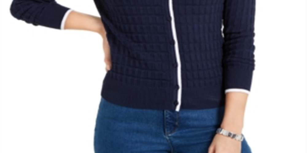 Cardigan texturizado feminino Charter Club com botões, azul, tamanho pequeno