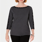 Karen Scott Blusa feminina de algodão com tachas e gola canoa, preta, tamanho pequeno e pequeno