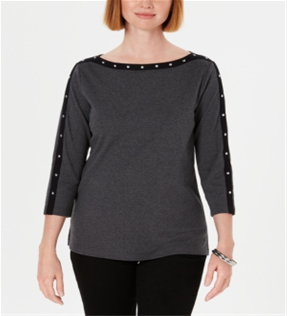 Karen Scott Blusa feminina de algodão com tachas e gola canoa, preta, tamanho pequeno e pequeno