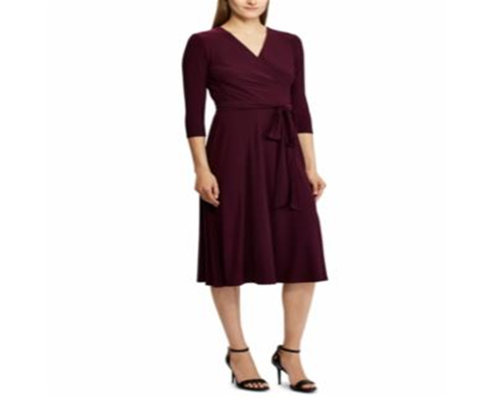 Vestido midi de malha com cinto e manga 3/4 Ralph Lauren feminino, roxo, tamanho 8