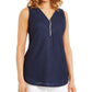JM Collection Blusa feminina com zíper e gola alta, azul, tamanho pequeno