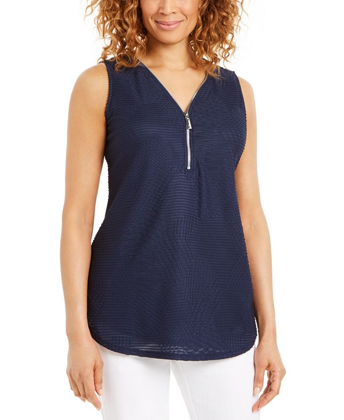 JM Collection Blusa feminina com zíper e gola alta, azul, tamanho pequeno